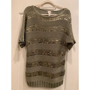 Chicos Sequin Olive Green Metallic Knit Short Sleeve Sweater Sz 2